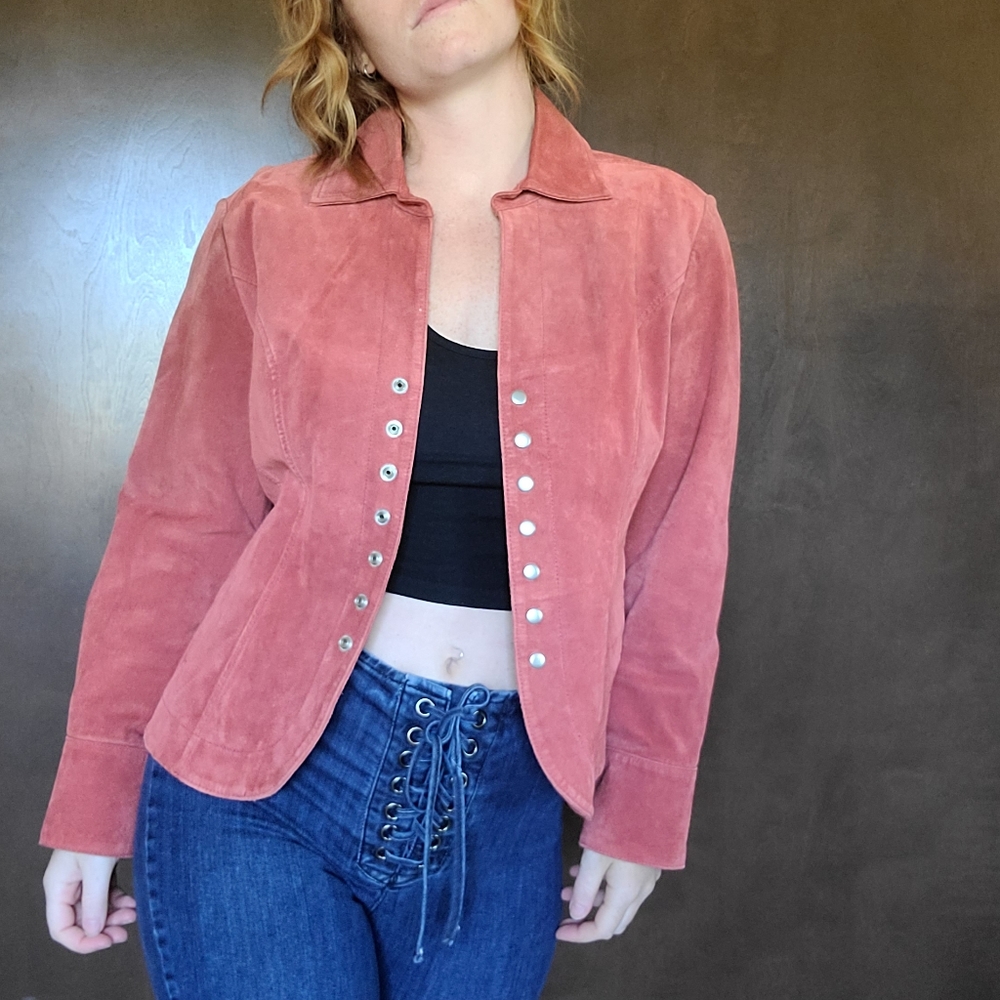 Vintage Western Coastal Cowgirl Preppy McBling Red Leather Button Down Blazer